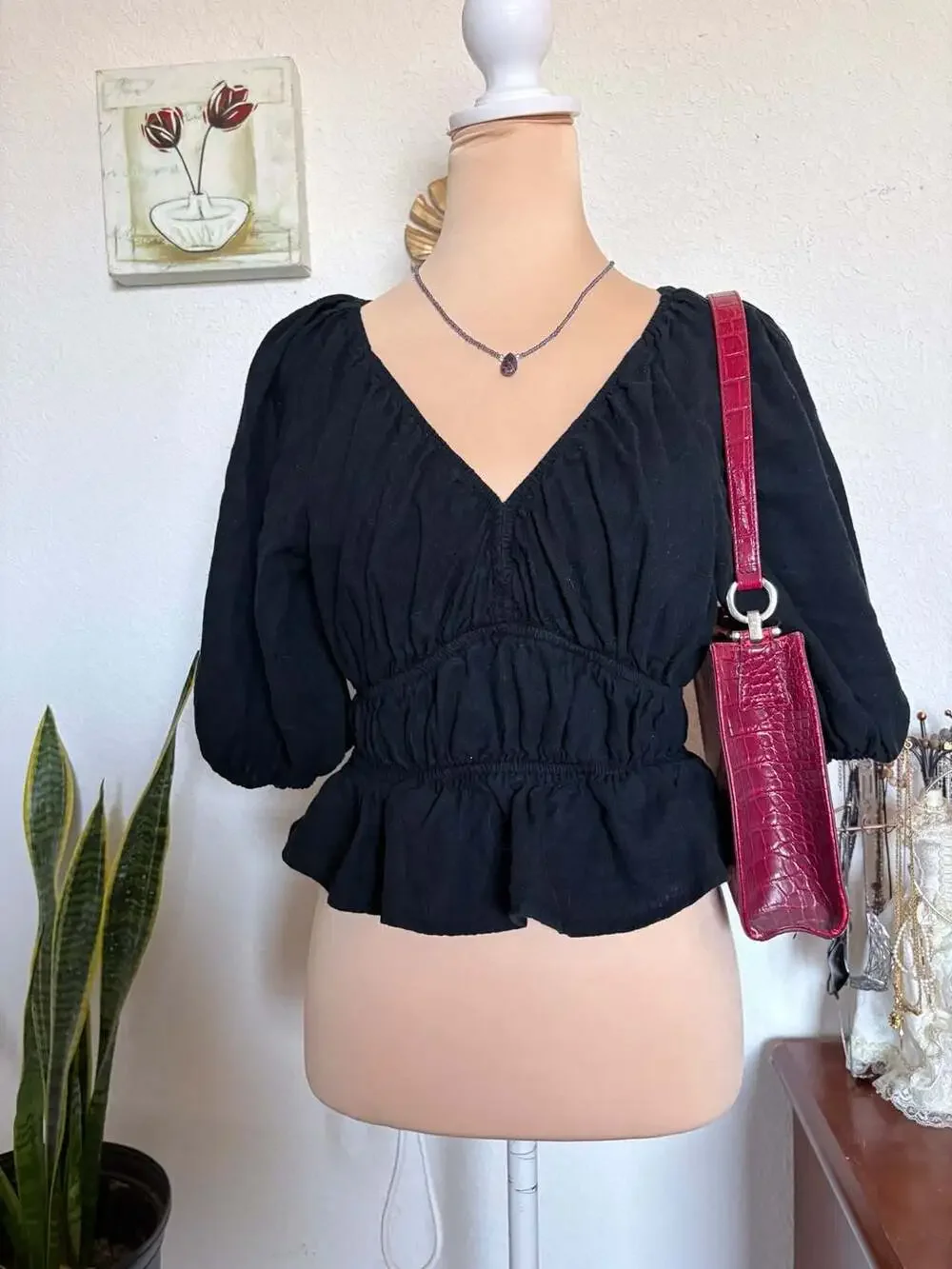 Abercrombie & Fitch Black Ruched Peplum Top